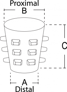 Esquema dimensional del Stening® Roll: diámetro distal (A), proximal (B) y longitud (C)