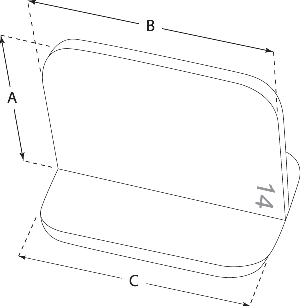 Esquema dimensional del Separador Laríngeo con referencias A, B y C
